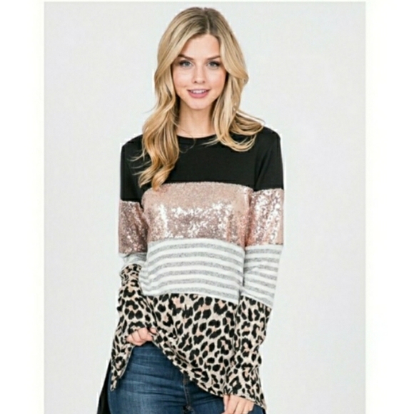 Sequined & Leopard Print Block Top - Picture 6 of 8